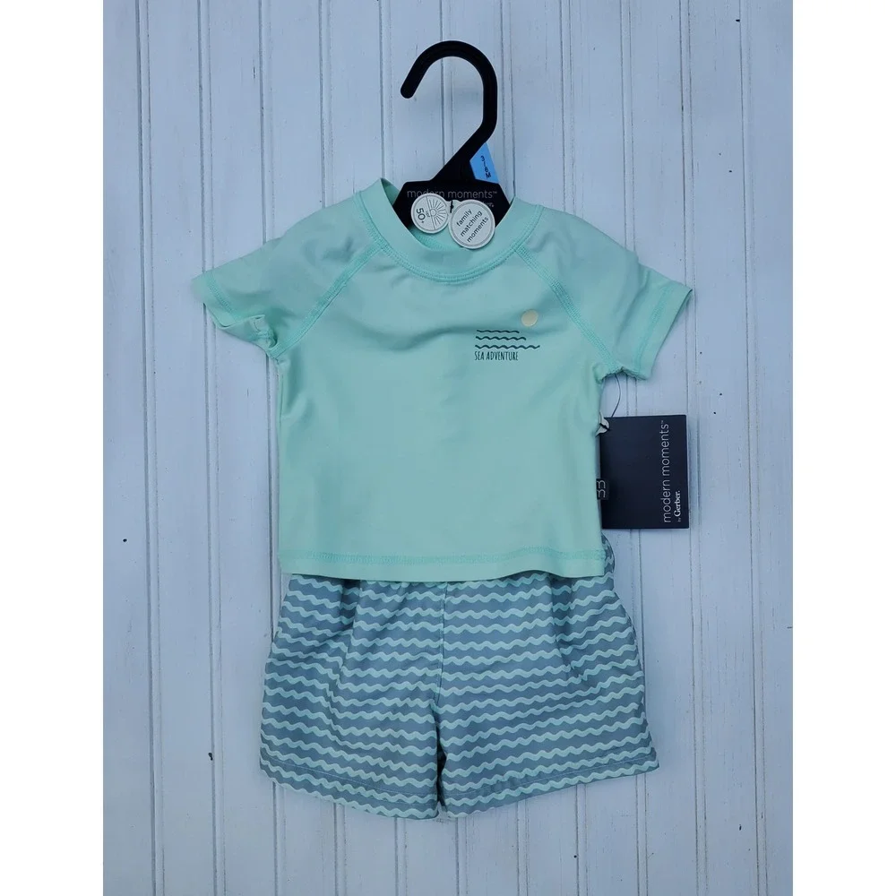 Modern Moments by Gerber Baby Boys Rash Guard Swim Trunks Set Mint Green 3-6M
